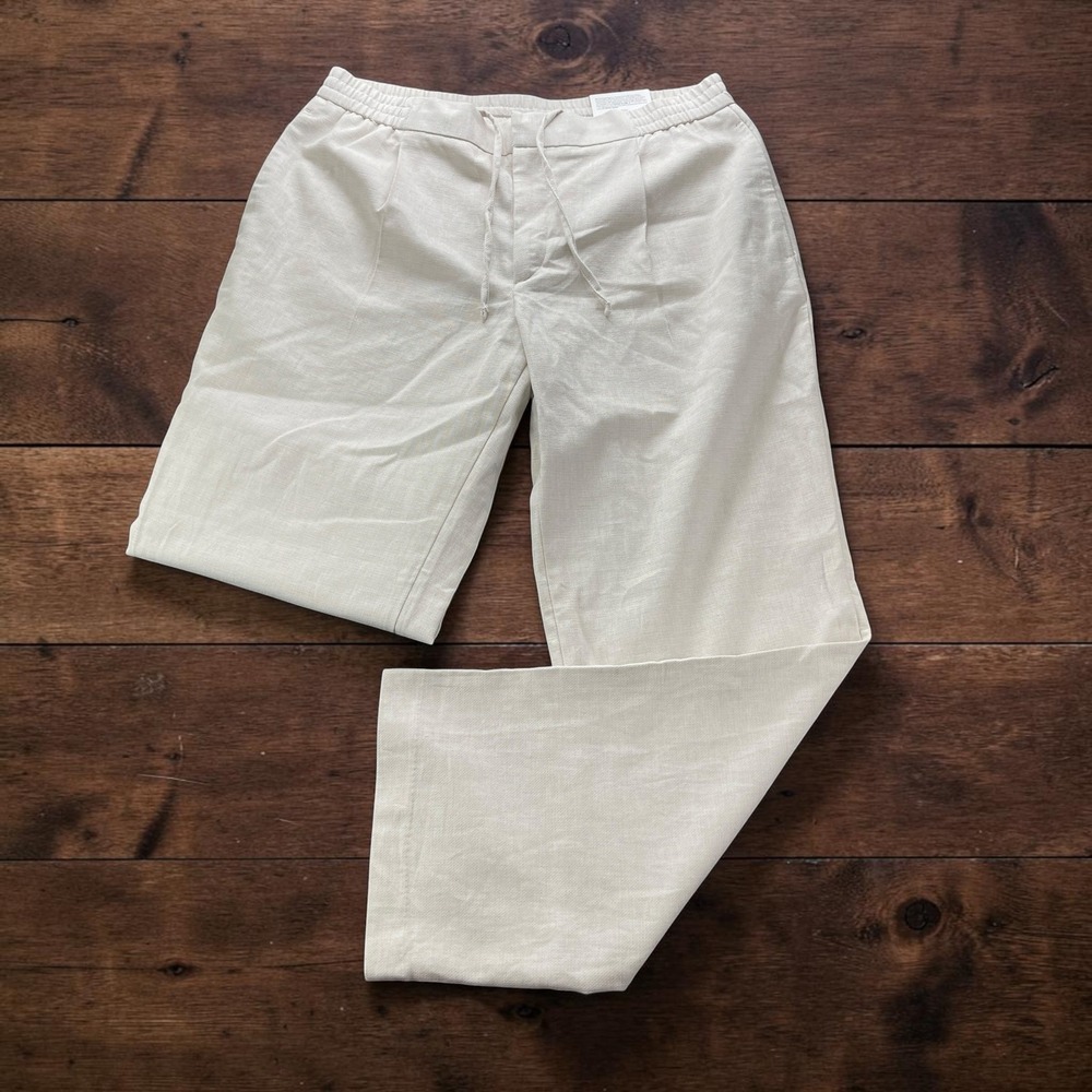 NEW H&M Relaxed Fit Linen Blend Drawstring Pants Cream Beige Mens (L) W34xL32